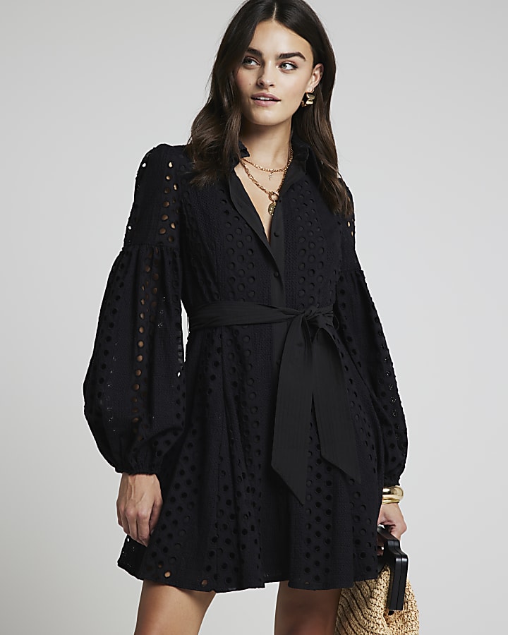 Black broderie belted mini shirt dress