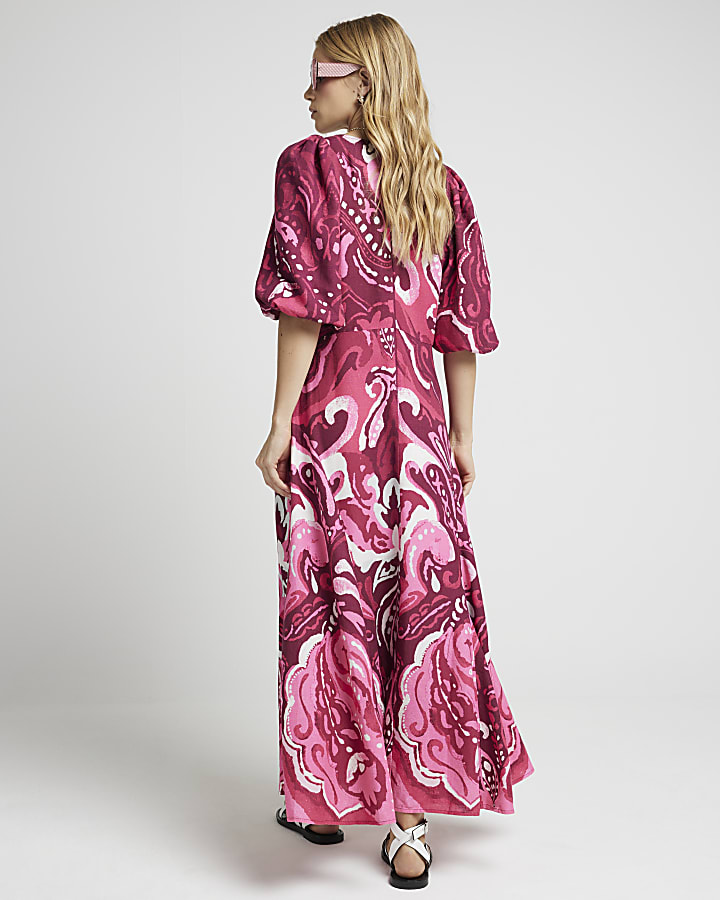 Pink abstract puff sleeve smock maxi dress