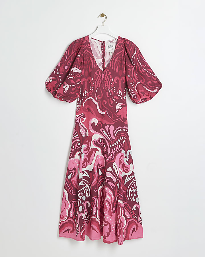 Pink abstract puff sleeve smock maxi dress