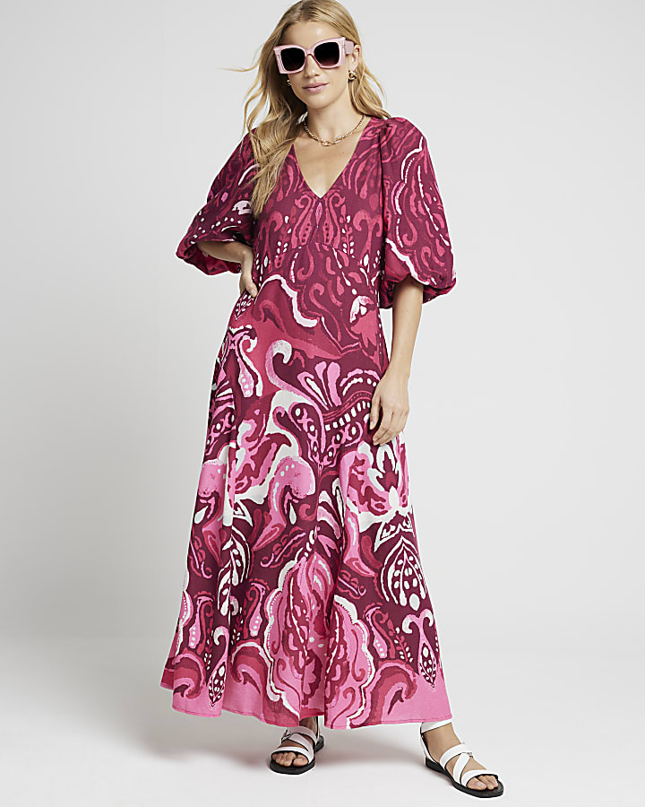 Pink abstract puff sleeve smock maxi dress