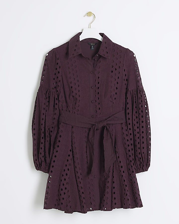 Dark Red broderie belted mini shirt dress