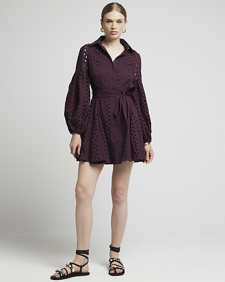 Dark Red broderie belted mini shirt dress