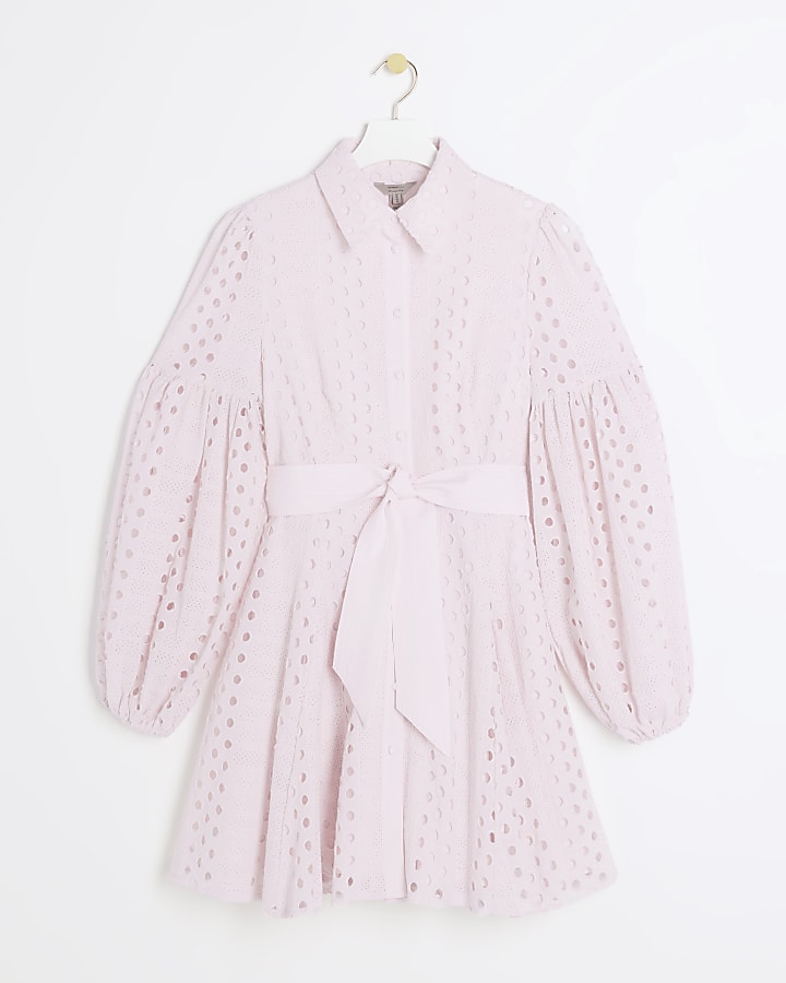 Pink broderie belted mini shirt dress