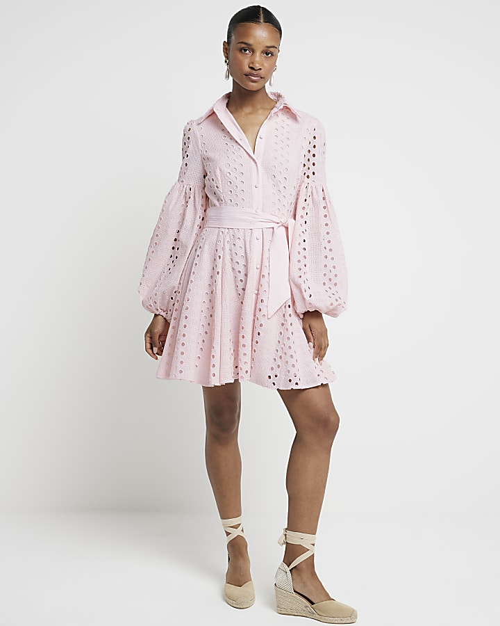 Pink broderie belted mini shirt dress