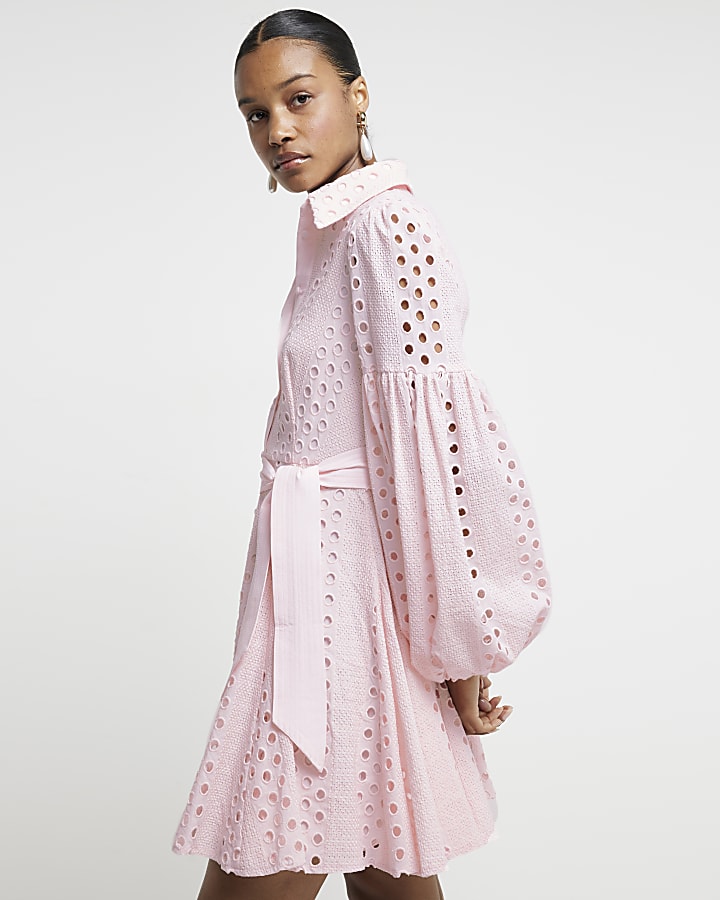 Pink broderie belted mini shirt dress