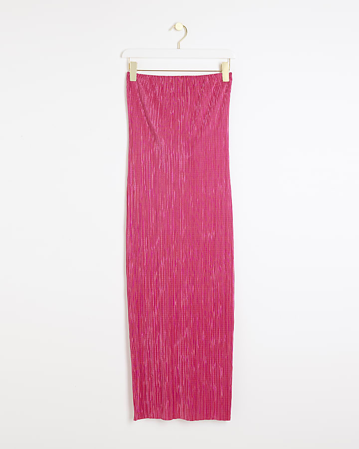 Pink Bandeau Plisse Cowl Back Midi Dress