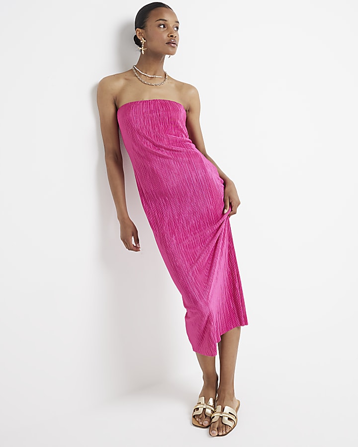Pink Bandeau Plisse Cowl Back Midi Dress