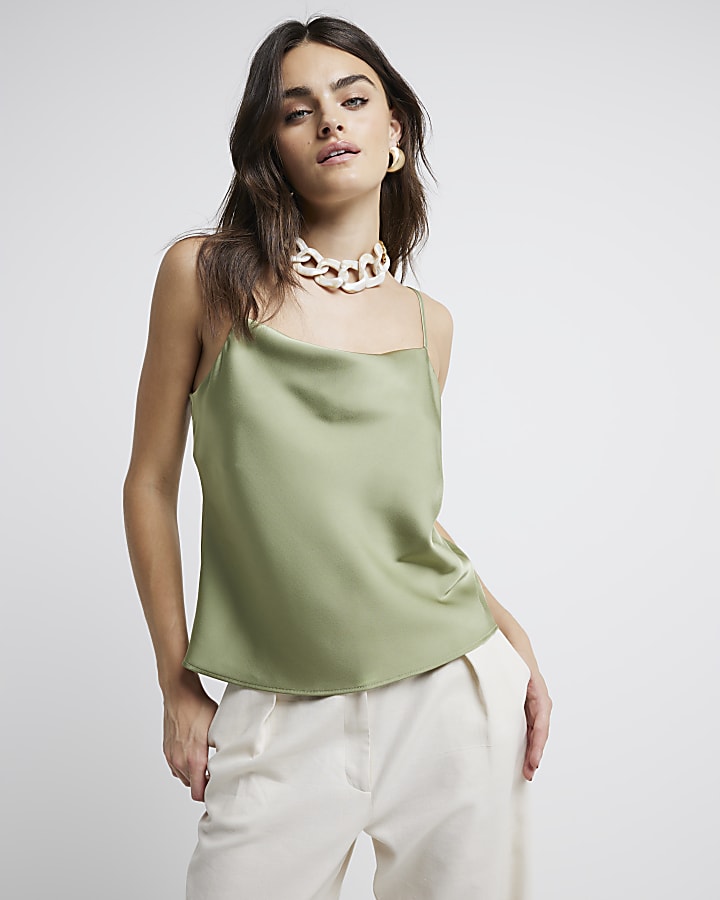 Khaki Satin Cowl Neck Cami Top