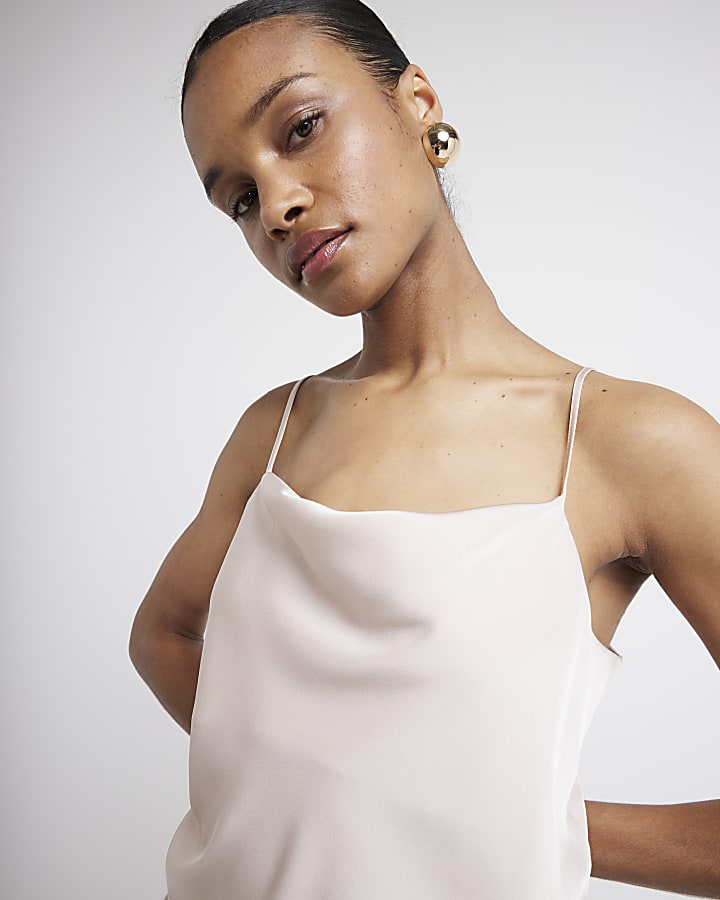 Pink Satin Cowl Neck Cami Top