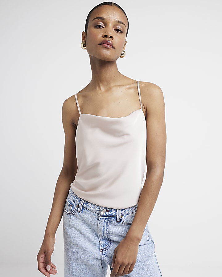 Pink Satin Cowl Neck Cami Top
