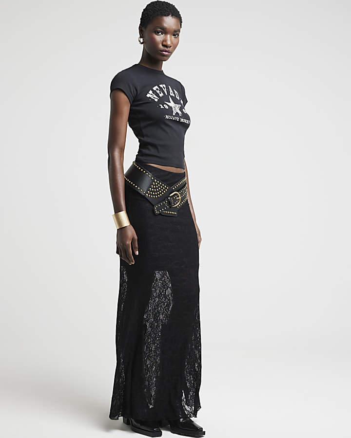 Black Lace Maxi Skirt River Island