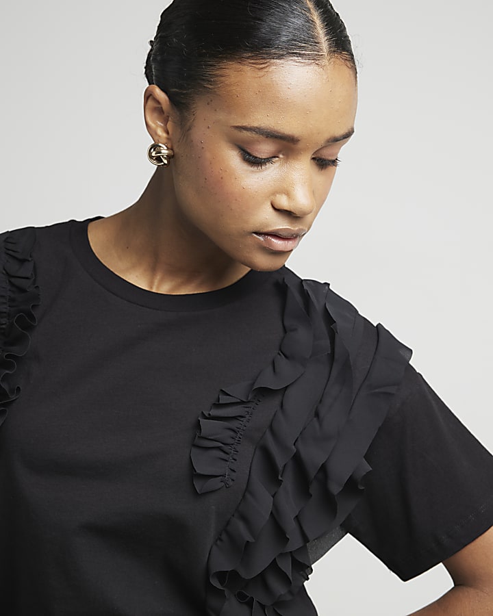 Black Frill Front T-Shirt