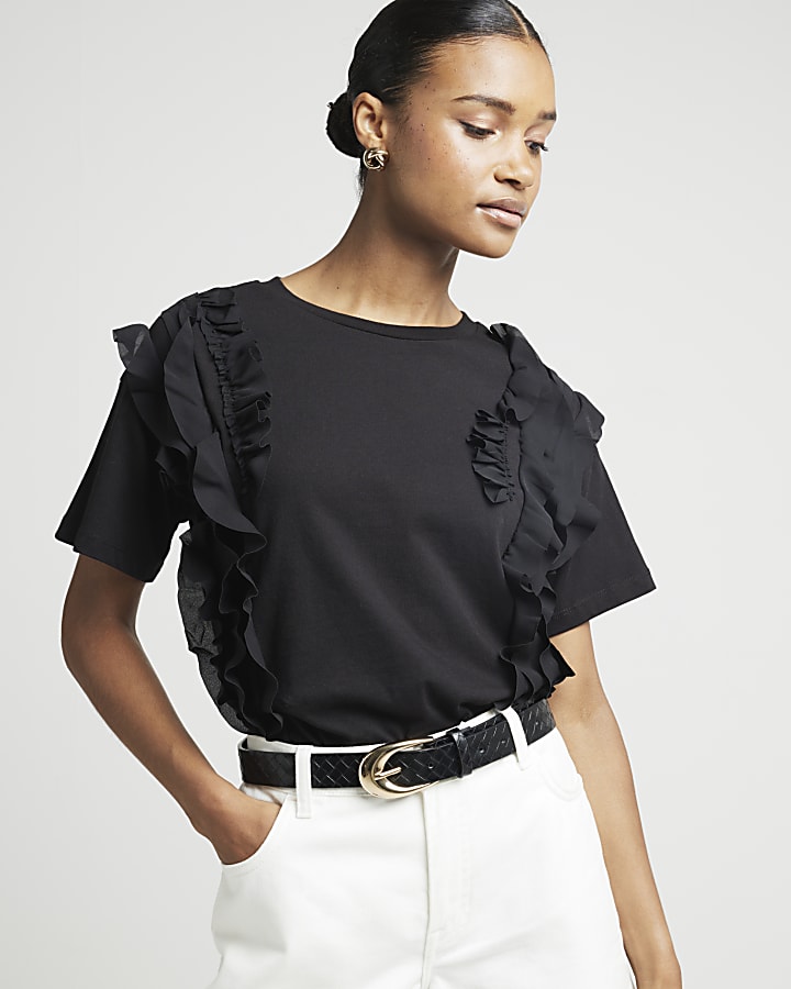 Black Frill Front T-Shirt