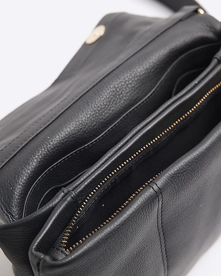 Black Leather Flap Cross Body Bag