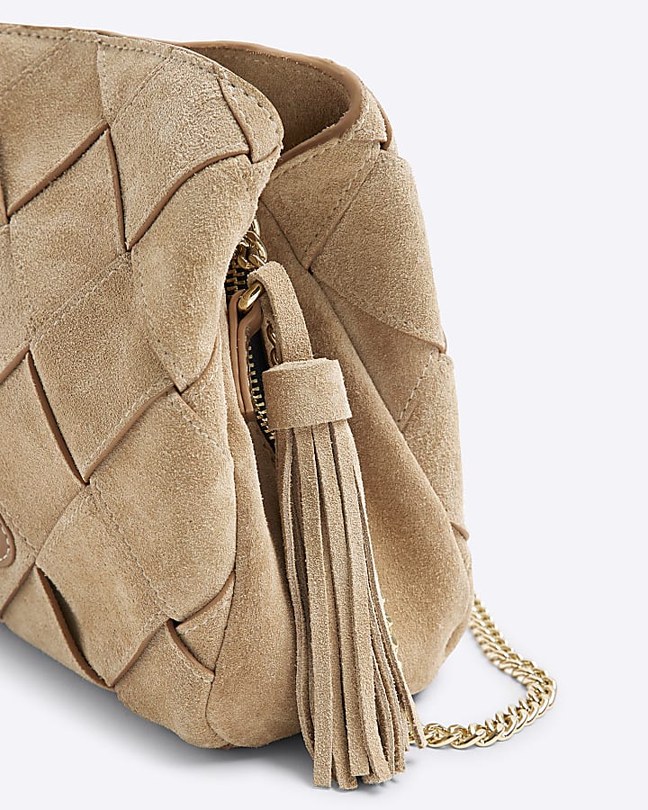 Beige Suede Fringed Woven Cross body bag