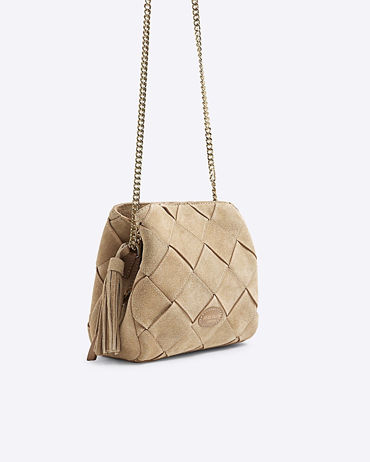 Beige Suede Fringed Woven Cross body bag