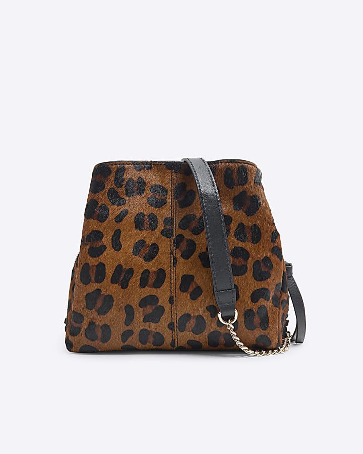 Brown Fringed Leopard Leather Bucket Bag