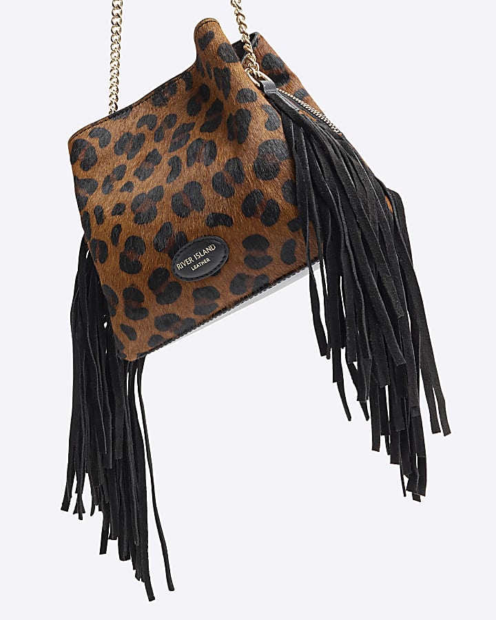 Brown Fringed Leopard Leather Bucket Bag