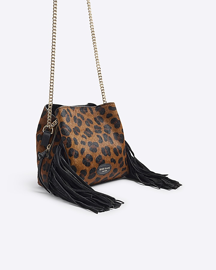 Brown Fringed Leopard Leather Bucket Bag