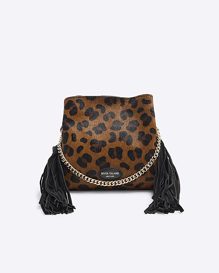 Brown Fringed Leopard Leather Bucket Bag