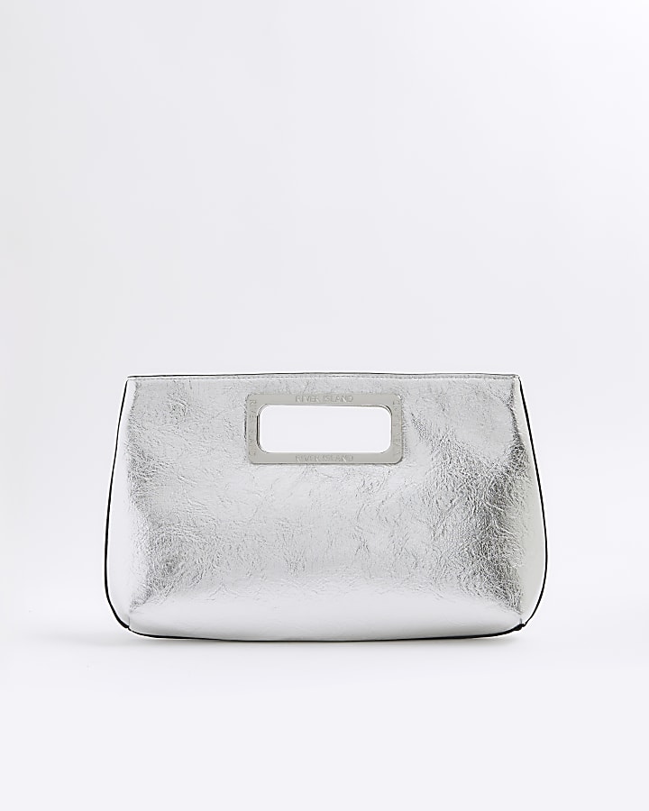 Silver Metal Handle Clutch Bag