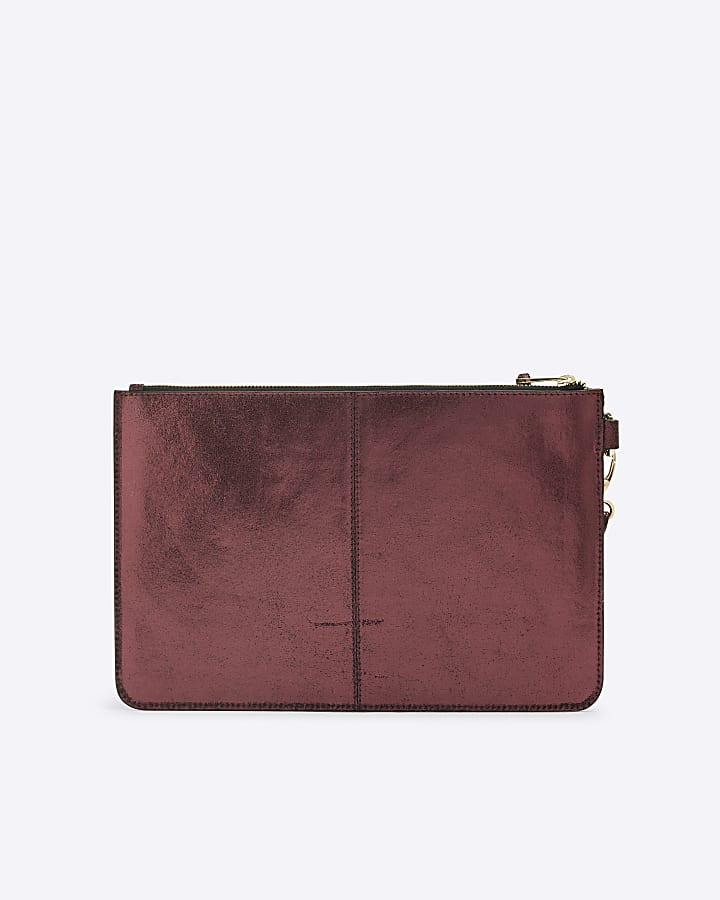 Red Leather Metallic Pouch Clutch Bag