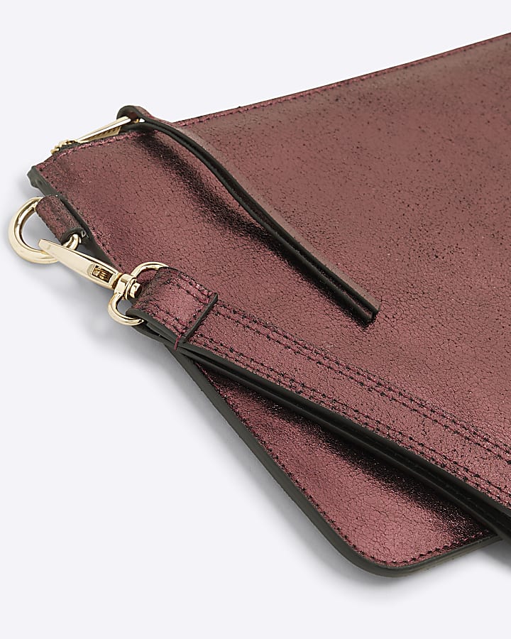 Red Leather Metallic Pouch Clutch Bag