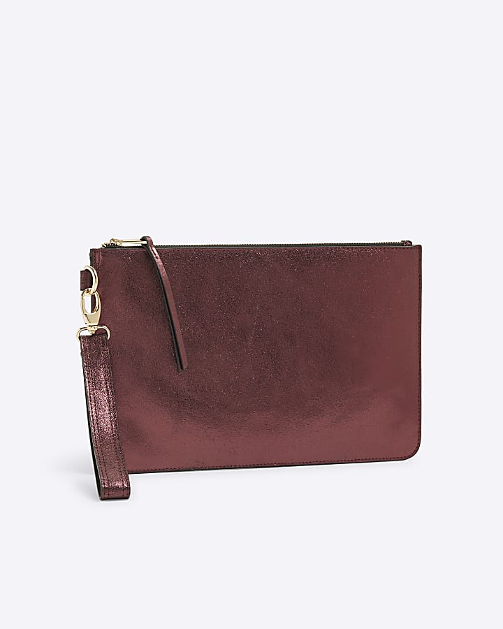 Red Leather Metallic Pouch Clutch Bag