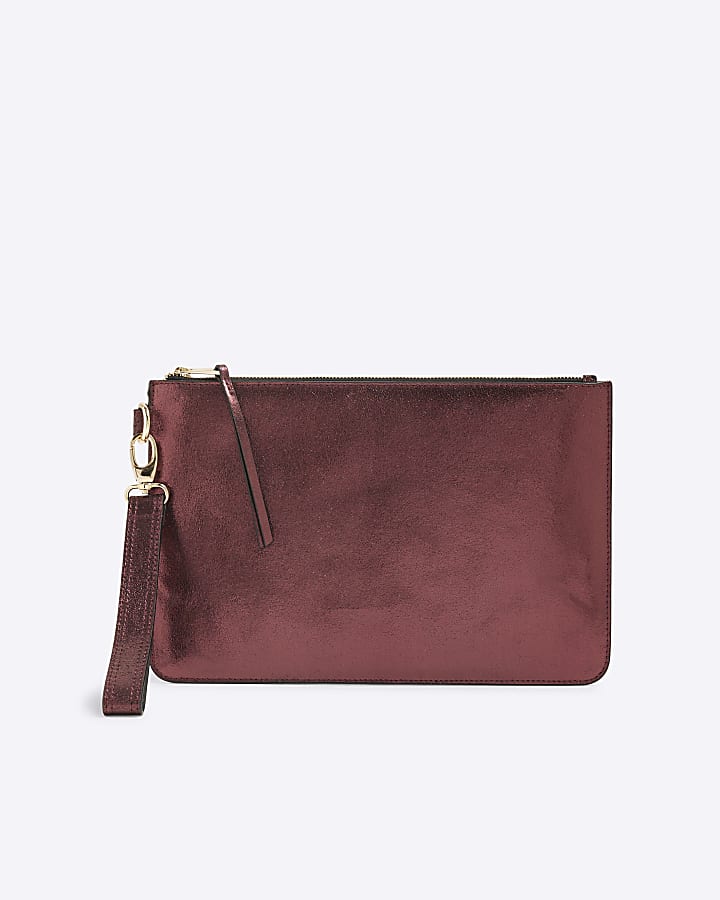 Red Leather Metallic Pouch Clutch Bag