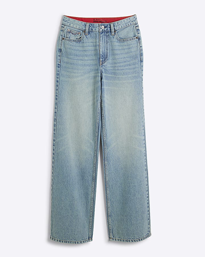 Blue high waisted relaxed straight jeans