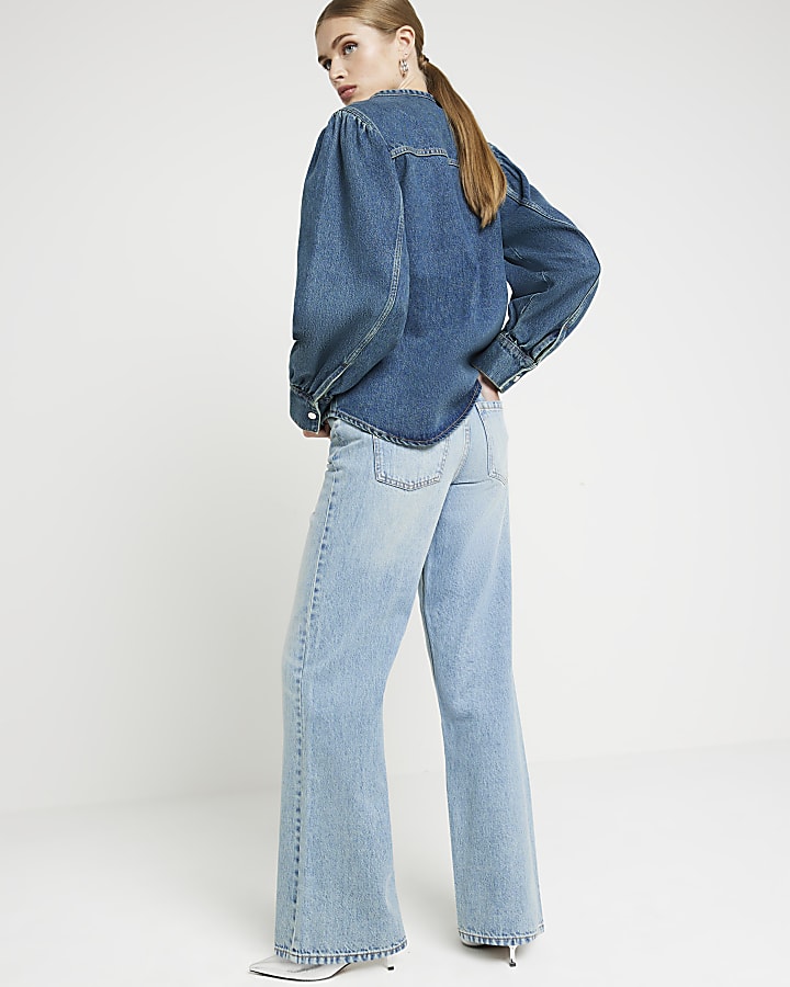 Blue high waisted relaxed straight jeans