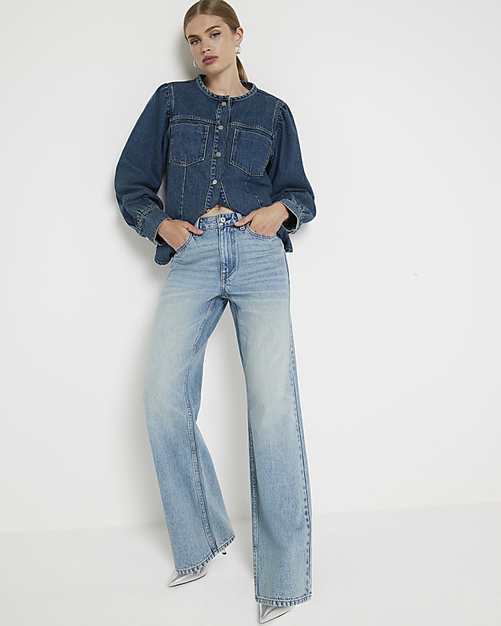 Blue high waisted relaxed straight jeans