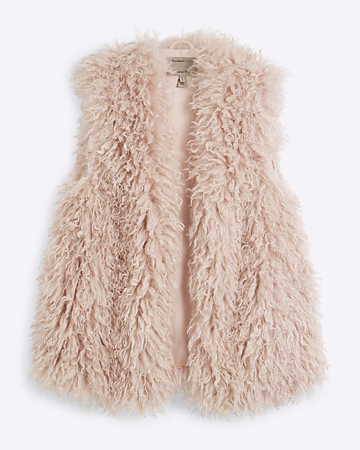 Pink Shaggy faux fur longline Gilet