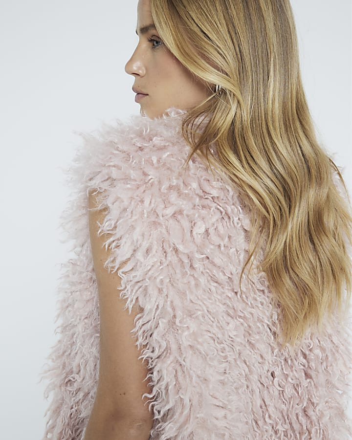 Pink Shaggy faux fur longline Gilet