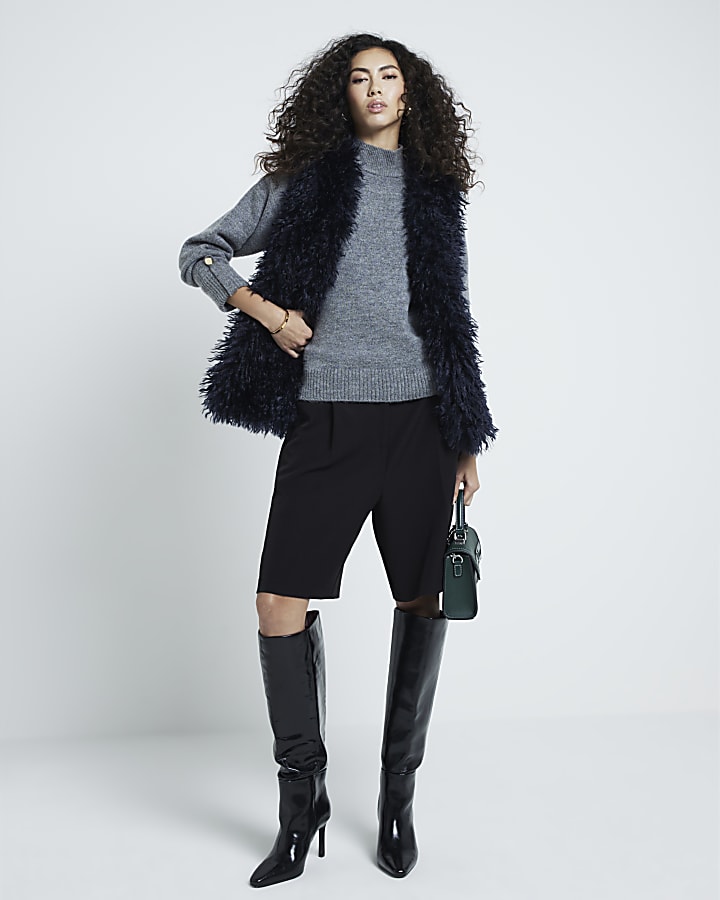 Navy Shaggy faux fur longline Gilet