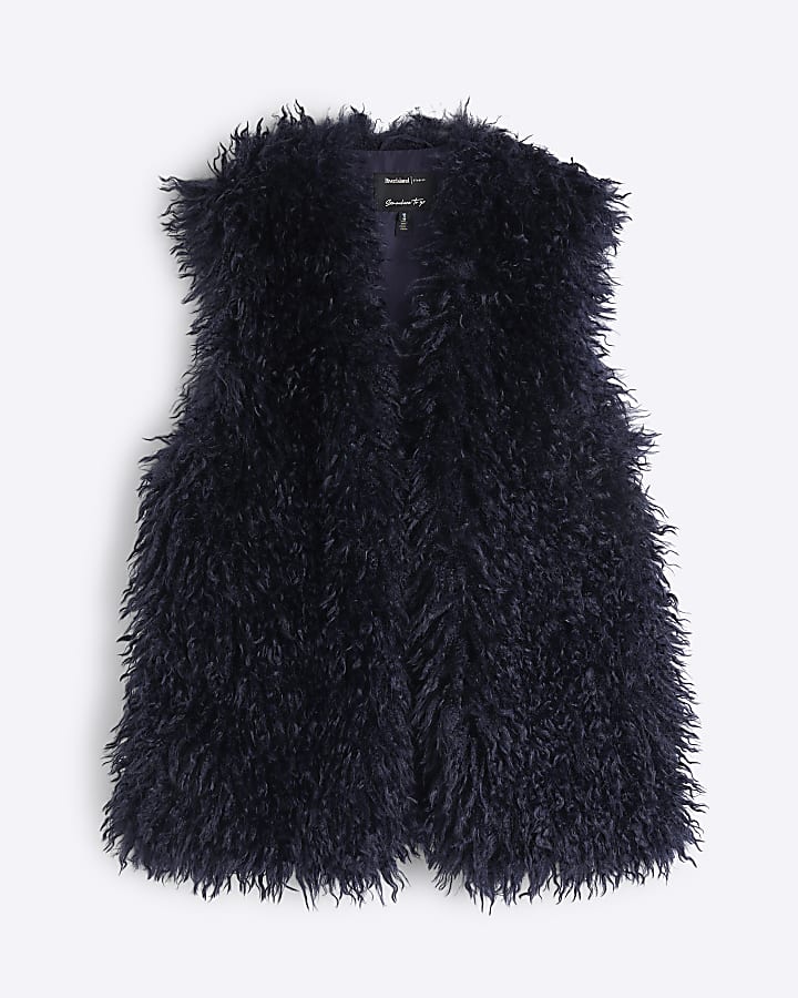 Navy Shaggy faux fur longline Gilet