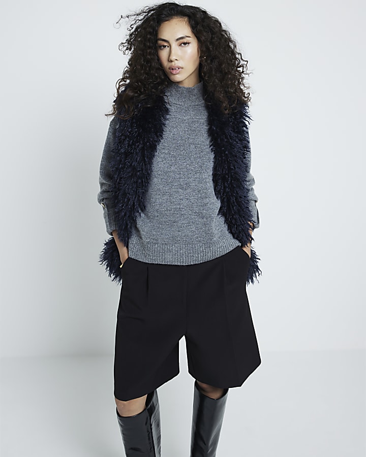 Navy Shaggy faux fur longline Gilet