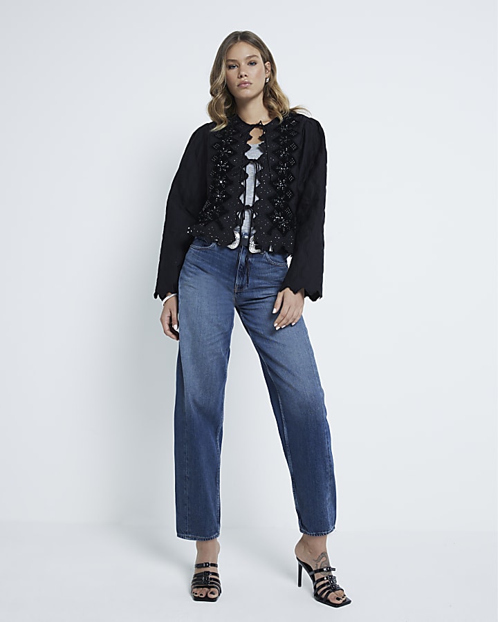 Black Broderie Tie Front Quilted Jacket