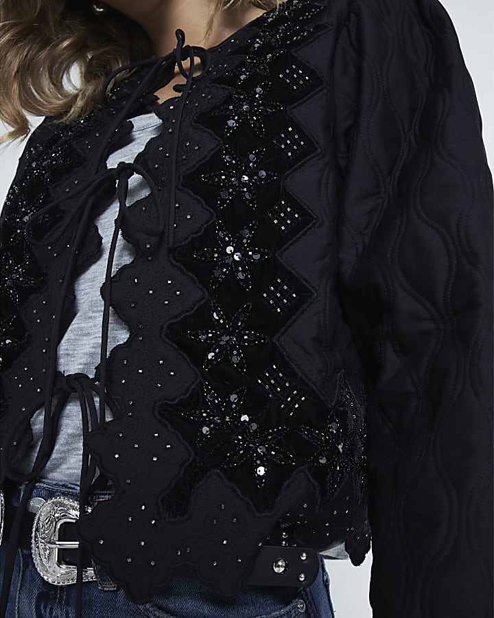 Black Broderie Tie Front Quilted Jacket