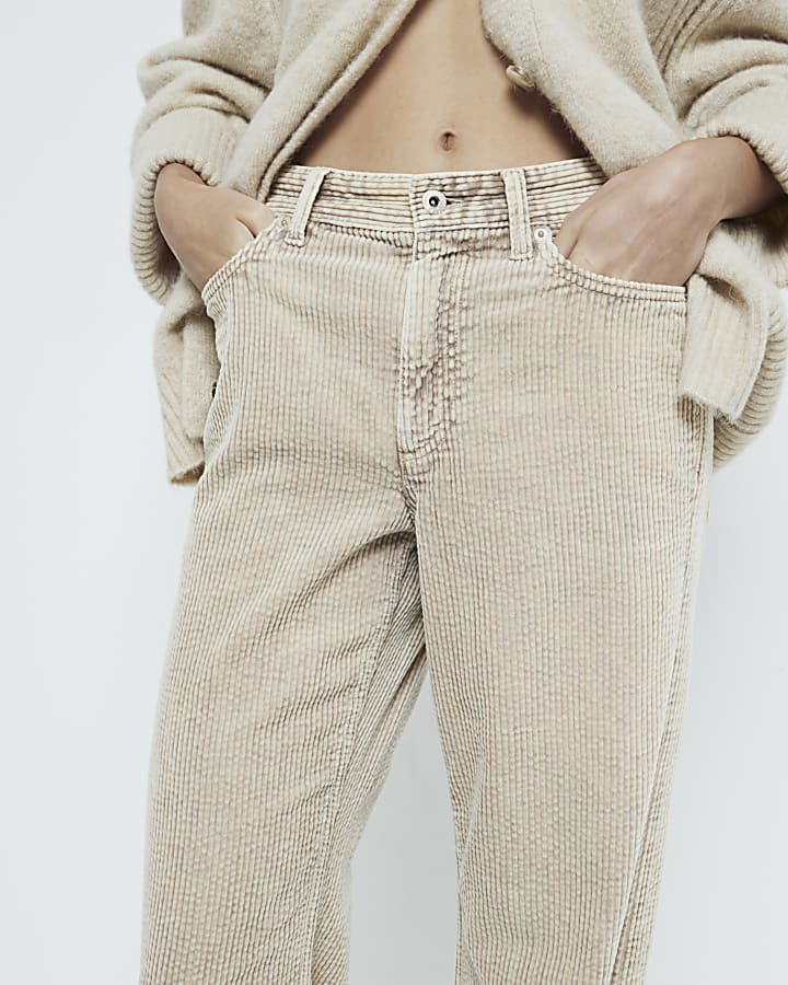 Beige Relaxed Straight Corduroy Jeans