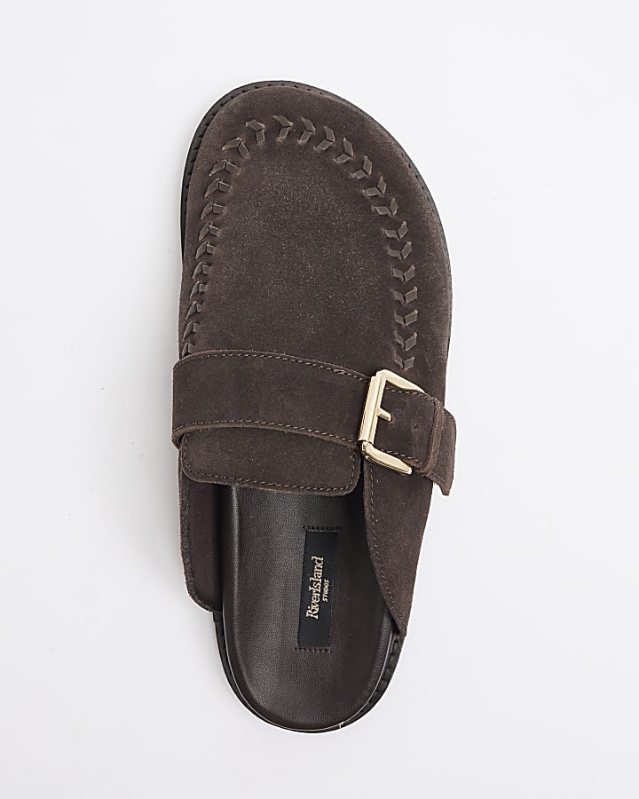 Brown Suede Buckle Clog Shoes