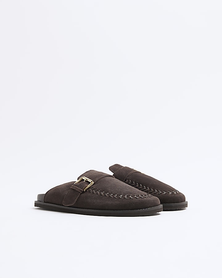 Brown Suede Buckle Clog Shoes