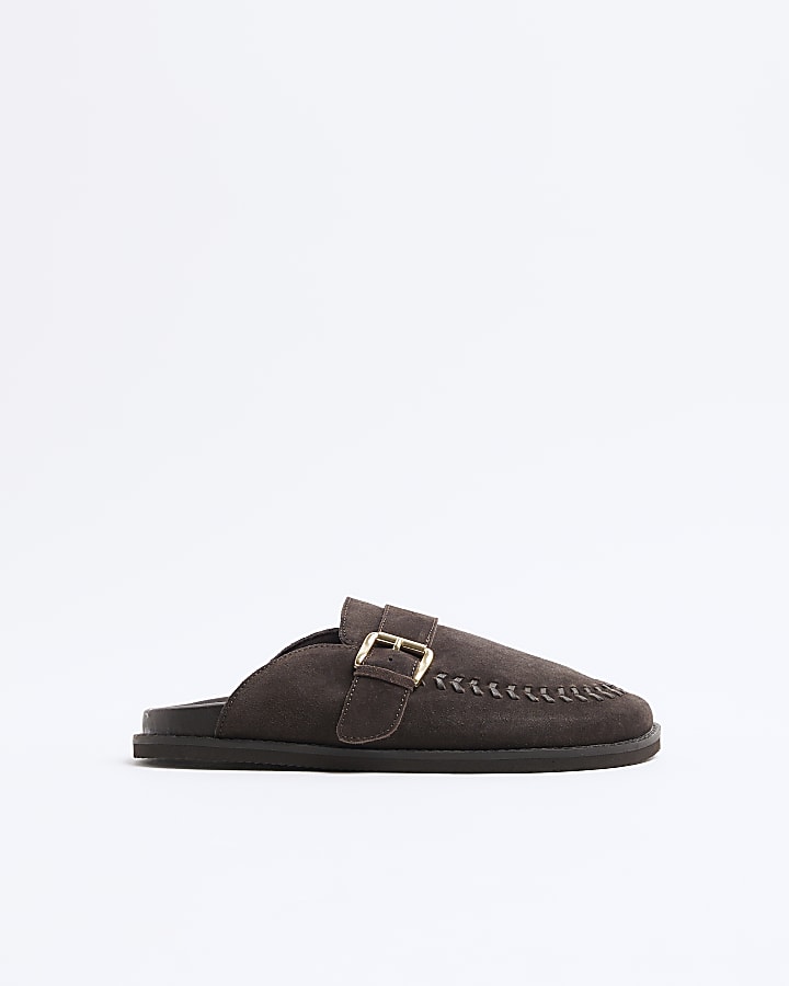 Brown Suede Buckle Clog Shoes