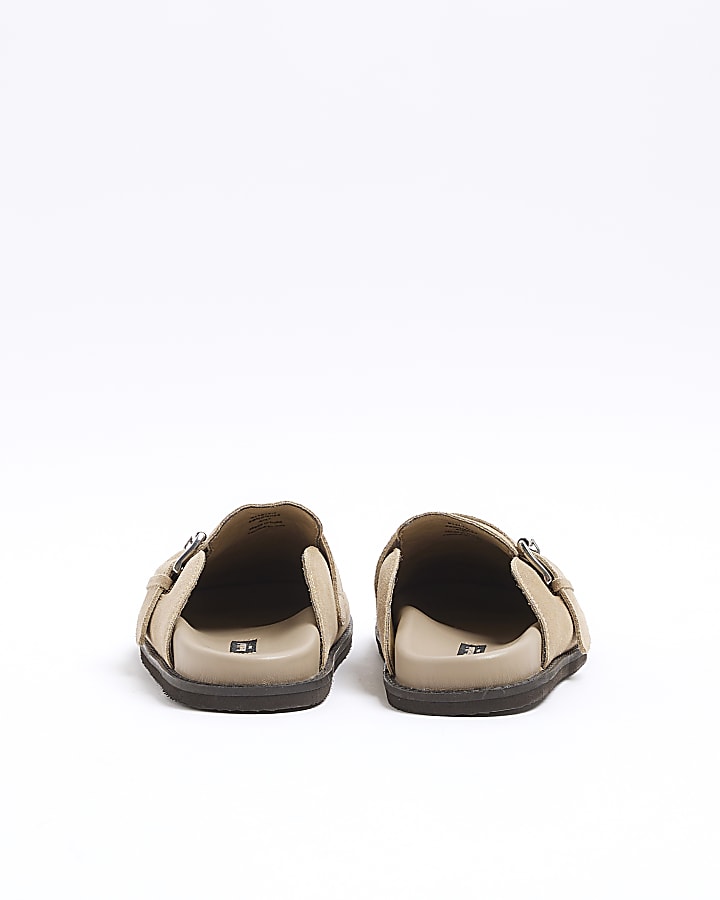 Beige Suede Buckle Clog Shoes