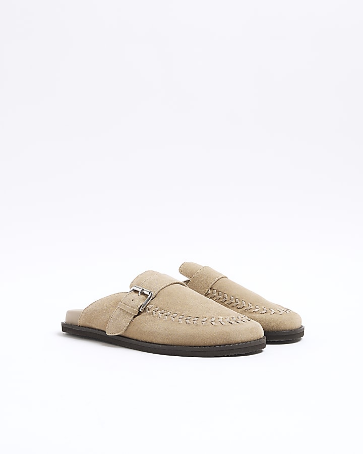 Beige Suede Buckle Clog Shoes