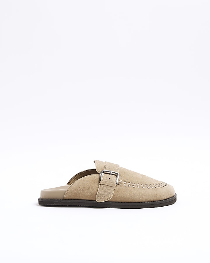 Beige Suede Buckle Clog Shoes