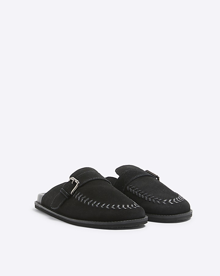 Black Suede Buckle Clog Shoes