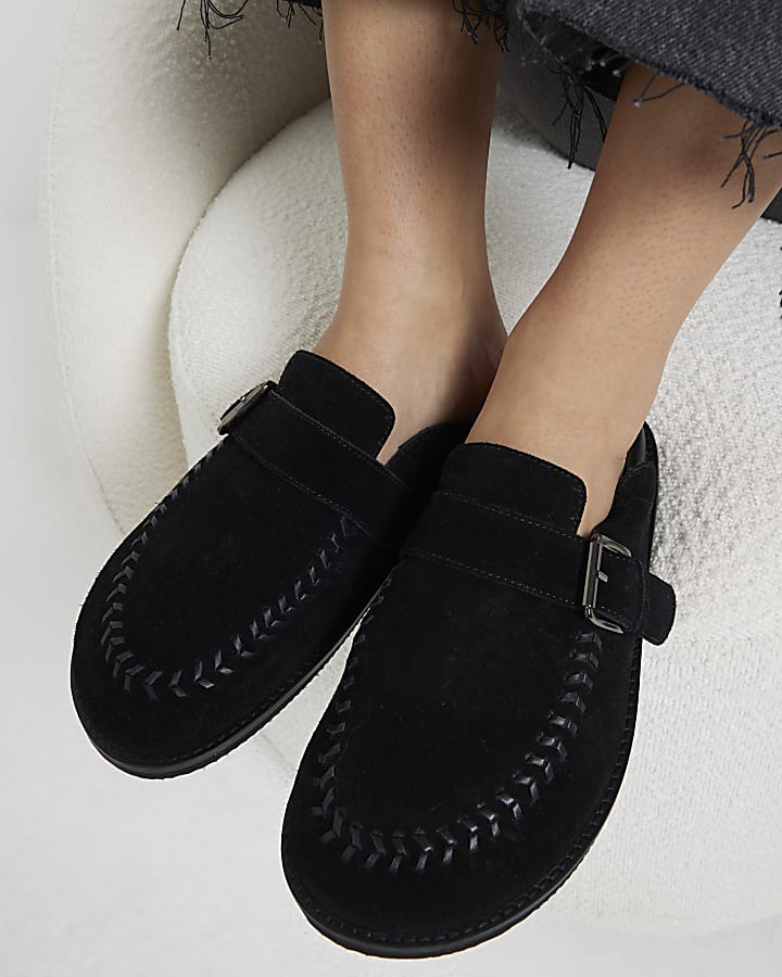 Black Suede Buckle Clog Shoes