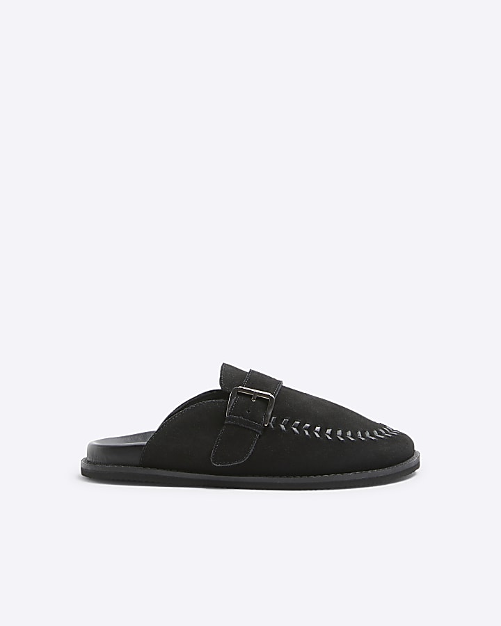 Black Suede Buckle Clog Shoes