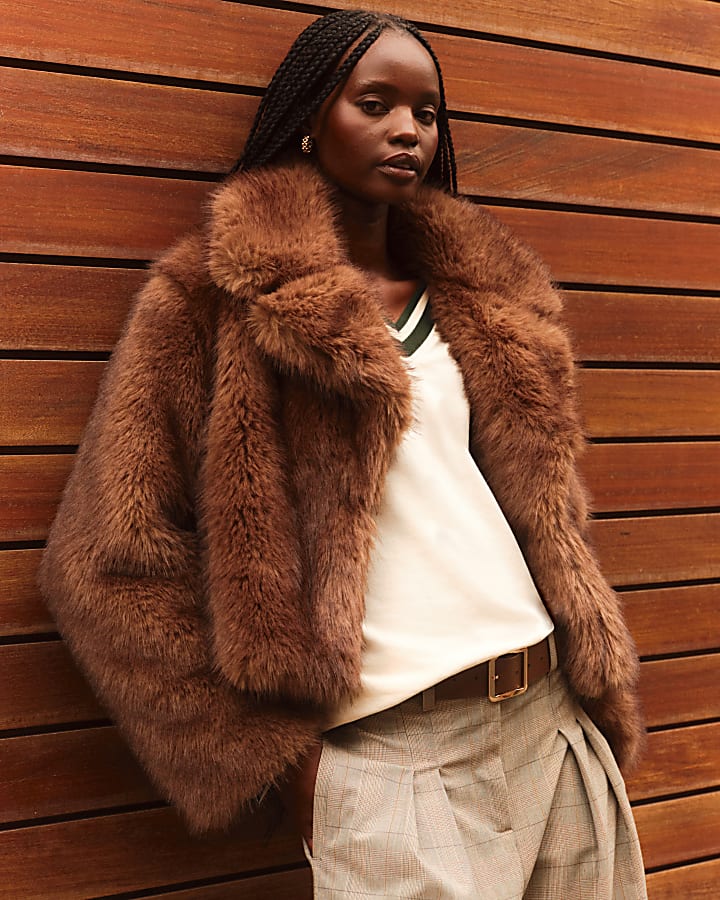 Brown Faux Fur Short Plush Jacket | River Island